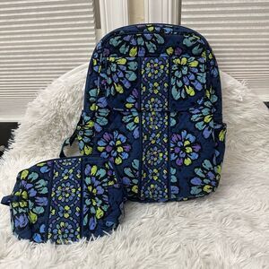 Vera Bradley Indigo Blue Floral Quilted Fabric Backpack & Pouch 2pc Lightweight